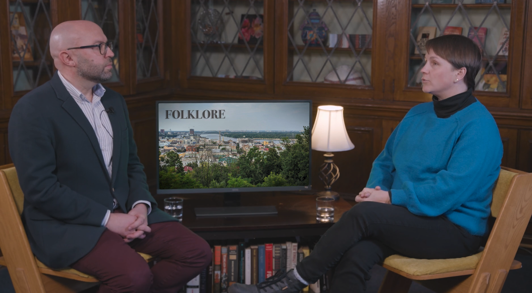 Victor Apryschenjko, left, interviewing Maria Sonevytsky, right